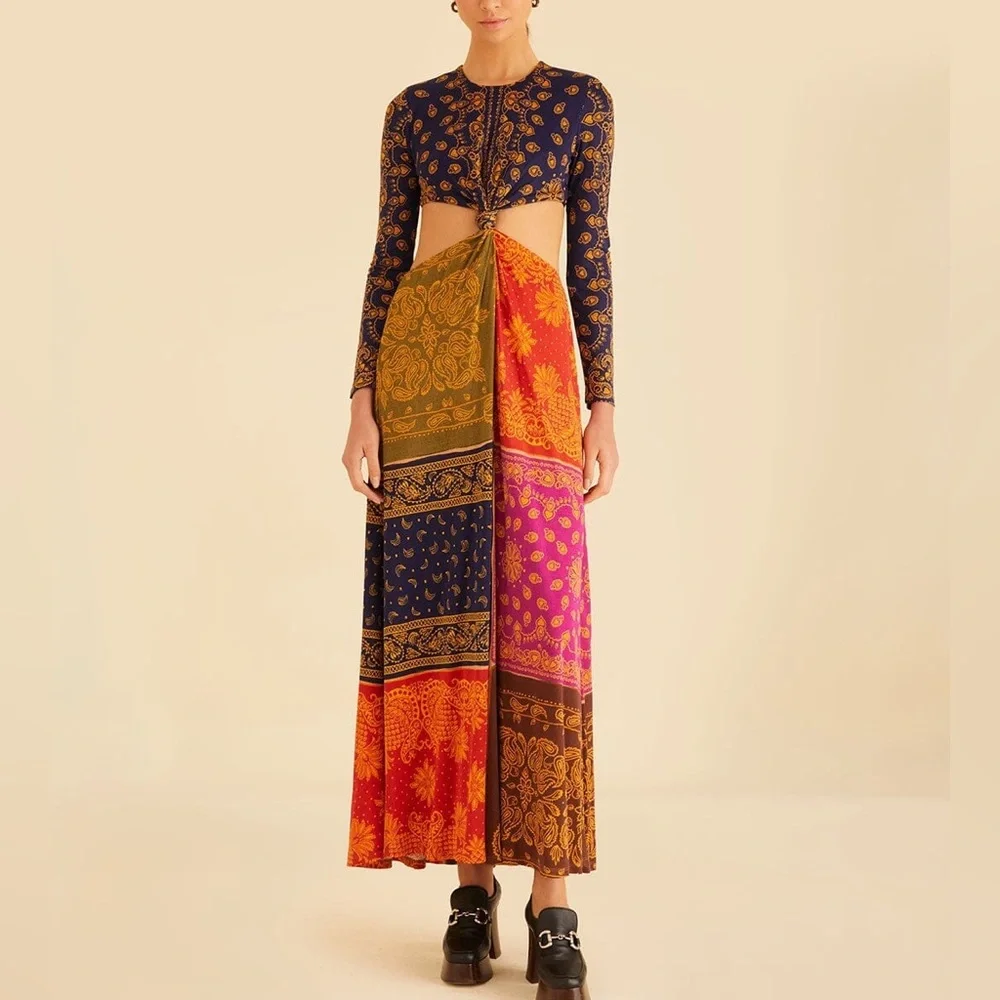 Farm Rio Multicolor Bandana Dream Cut Out Maxi Dress Large New Resort Vacation - Picture 3 of 11